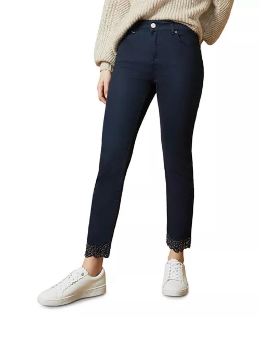 Women’s Ted Baker Daner silver studded floral embroidered hem skinny jeans 26